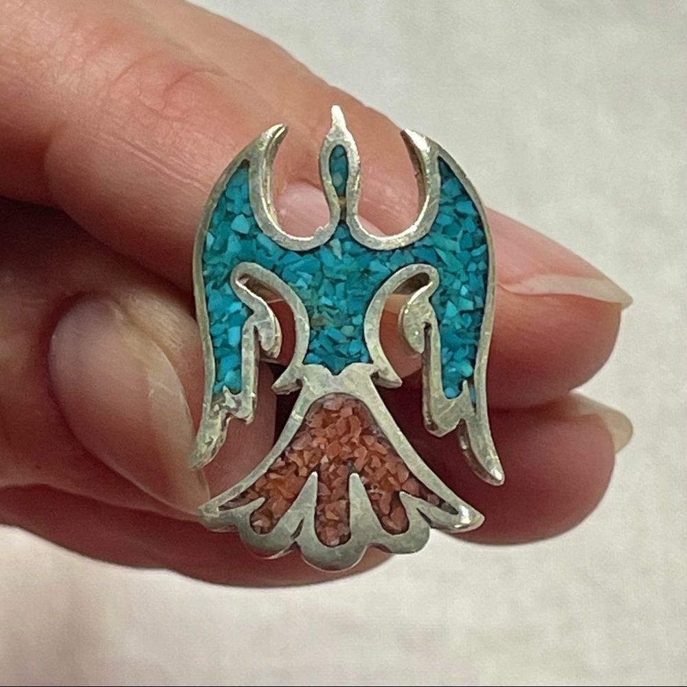 COPY - Turquoise, coral, and silver thunderbird ring
